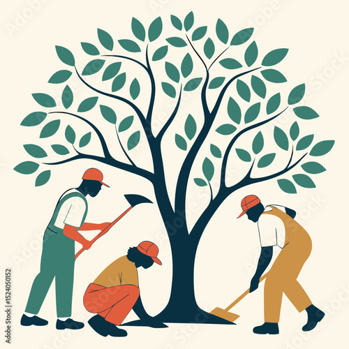 Three workers plant a tree with green leaves, silhouette vector