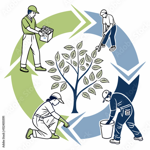 Circular illustration of people working around a tree, isolated on white background silhouette vector