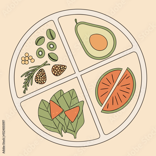 A balanced plate with avocado, citrus, spinach, and legumes, a colorful and healthy food arrangement silhouette vector