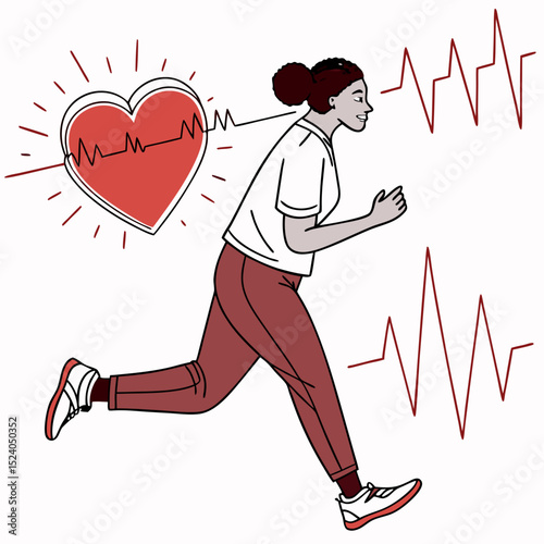 Woman running with heart rhythm isolated on white background, a symbol of cardiovascular health and fitness silhouette vector