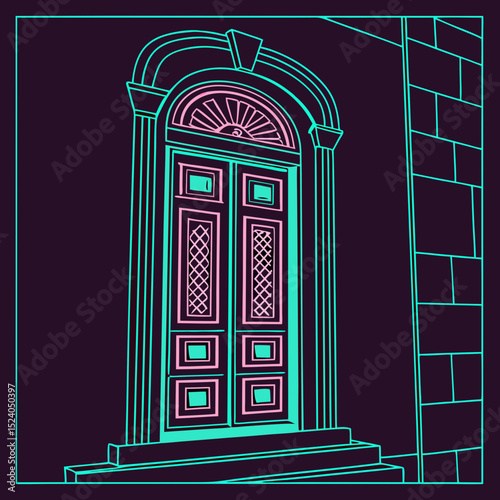 Elegant doorway with pink and turquoise outlines, a captivating architectural silhouette vector
