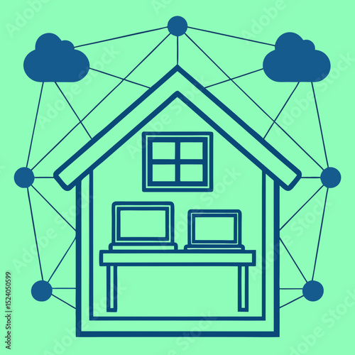 Connected home office with laptops and cloud network, a modern teal design silhouette vector