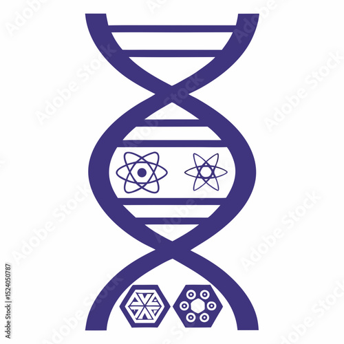 Abstract blue dna strand with atom and molecule icons isolated on white background silhouette vector