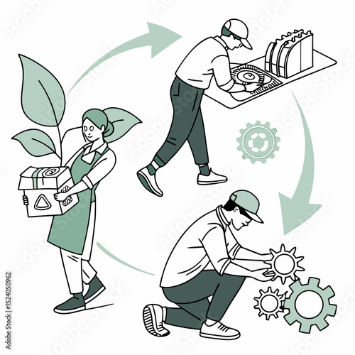 Circular economy with worker assembling gears and woman carrying plants isolated on white background silhouette vector