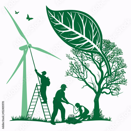 Green energy workers maintaining a wind turbine and tree, isolated on white background silhouette vector
