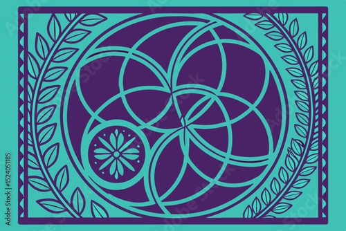 Floral wreath framing geometric circles on teal background, a botanical and mathematical design silhouette vector