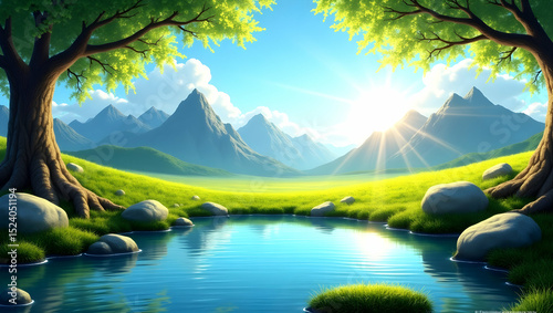 A serene landscape with mountains and a tranquil pond