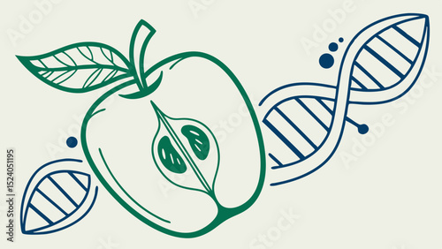 Green apple slice with leaves and dna strand isolated on white background silhouette vector