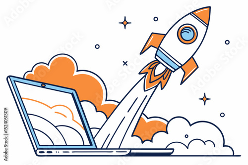 A rocket launching from a laptop screen, surrounded by clouds, isolated on white background silhouette vector