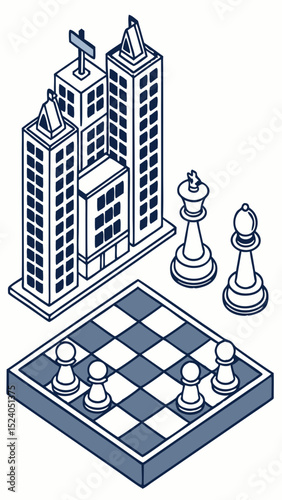 Isometric chess game with pawns, king, bishop, and city buildings isolated on white background silhouette vector