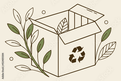Recycle symbol on a cardboard box with leaves, ecofriendly packaging silhouette vector