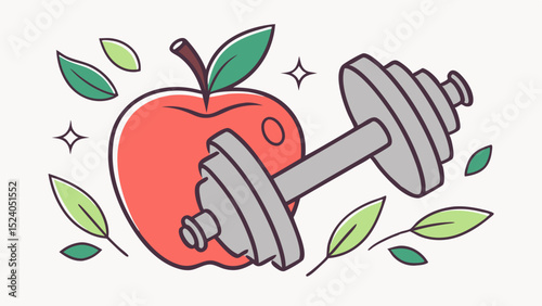 A red apple and a gray dumbbell isolated on white background, surrounded by green leaves silhouette vector