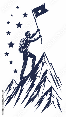 A determined climber plants a flag atop a jagged mountain peak, surrounded by stars, isolated on white background silhouette vector