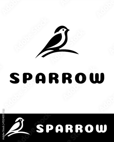 Elegant minimalist logo featuring a stylized sparrow perched on a branch in black and white 