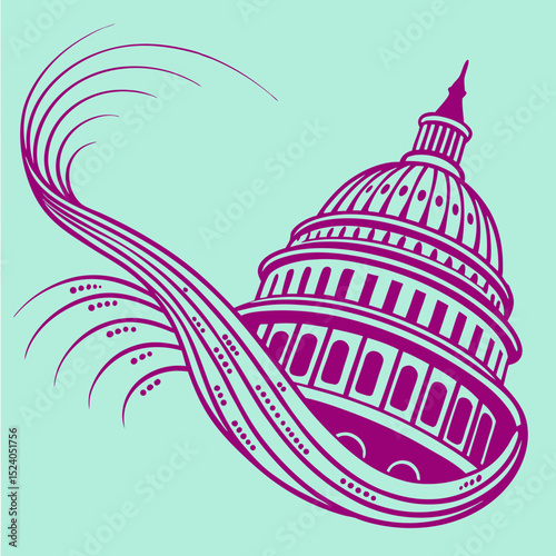 Stylized purple us capitol building with flowing lines on a light blue background silhouette vector