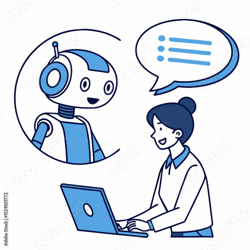 Woman chats with a robot assistant on her laptop, isolated on white background silhouette vector