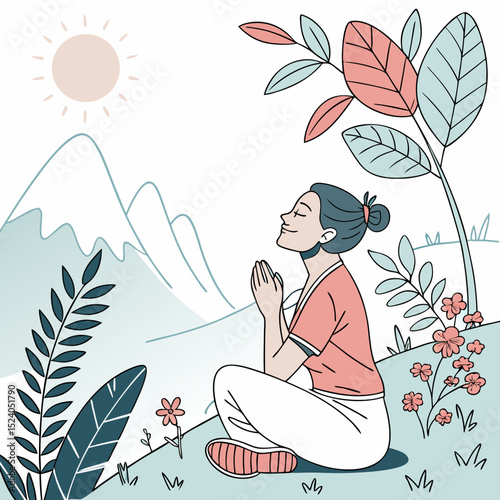 Woman meditating peacefully in a mountain meadow under the sun, silhouette vector