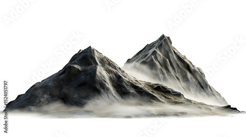 Misty Mountain Peaks 3D Render of Two Rugged Stone Mountains Enveloped in Fog