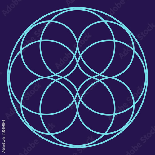 Interlocking light blue circles forming a complex geometric pattern on dark purple background silhouette vector