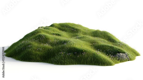 Lush Green Hill with Wildflowers and Rocks, 3D Render on White Background