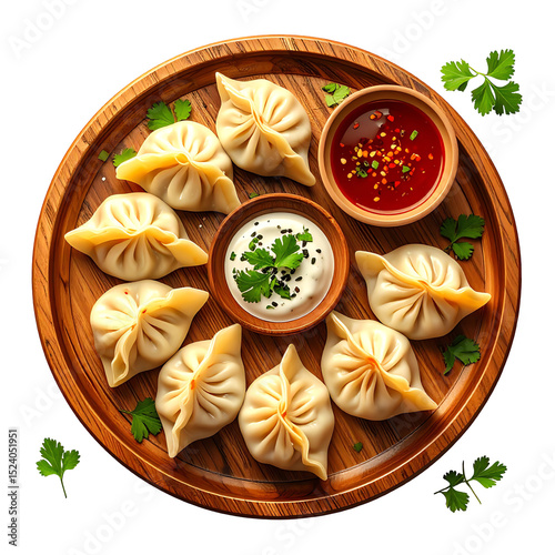 Delicious momos dumplings with sauces on wooden plate food photography isolated on transparent background