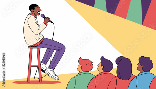 Comedian artist man with mic perform stand-up comedy show sitting on the stool on stage, vector audience listening jokes  
