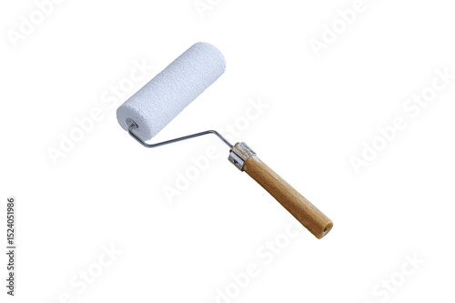 A new paint roller with a fluffy white head and wooden handle ready for use in home improvement projects