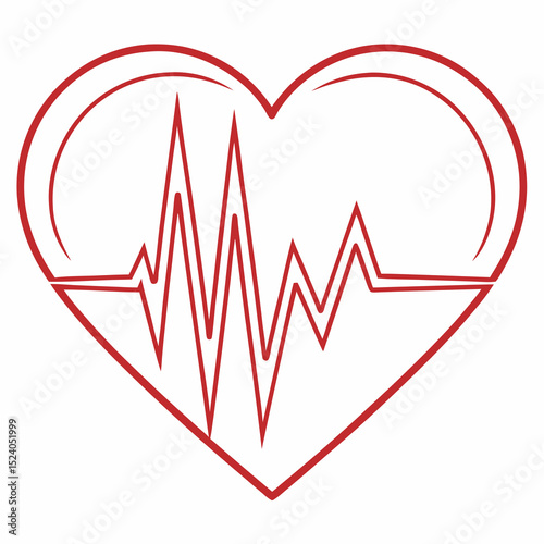 Red heart with heartbeat line isolated on white background silhouette vector