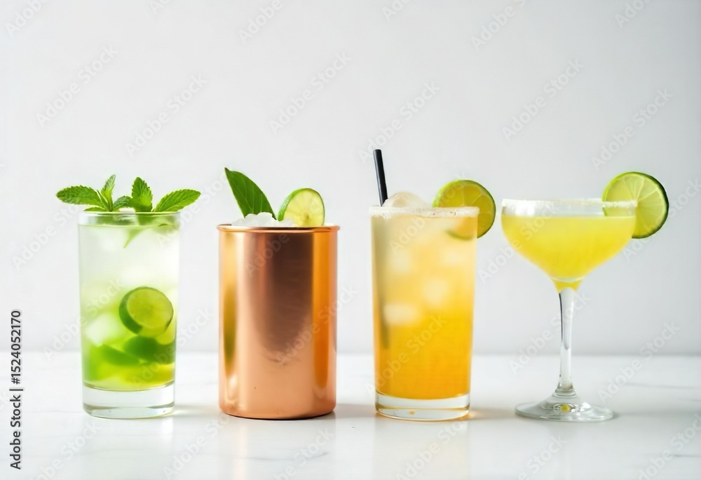 Fototapeta premium Four different cocktails are displayed against a plain white background. Each drink is presented in a distinct glass or copper mug, topped with ice, mint, and a lime wedge.