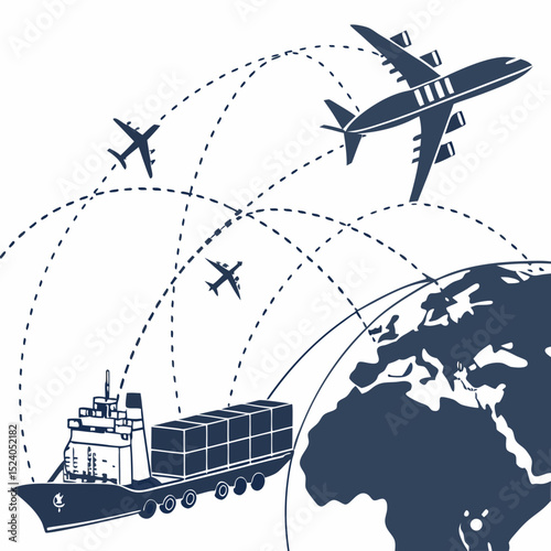 Global trade network with cargo ship and airplanes isolated on white background silhouette vector
