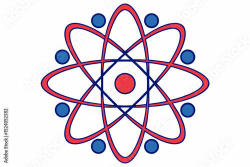 Red atom with blue electrons orbiting the nucleus isolated on white background, a science symbol silhouette vector