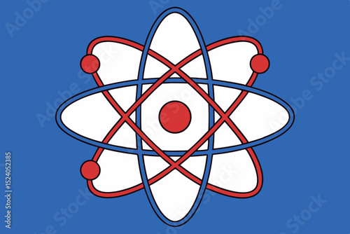 Red and blue atom model with electrons orbiting the nucleus on blue background silhouette vector
