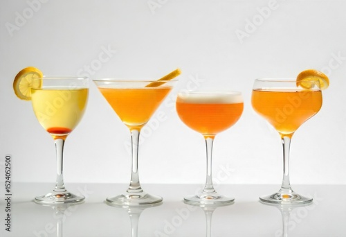 Wallpaper Mural Four different cocktails are displayed against a plain white background.  Each drink is presented in a distinct glass or copper mug, topped with ice, mint, and a lime wedge. Torontodigital.ca