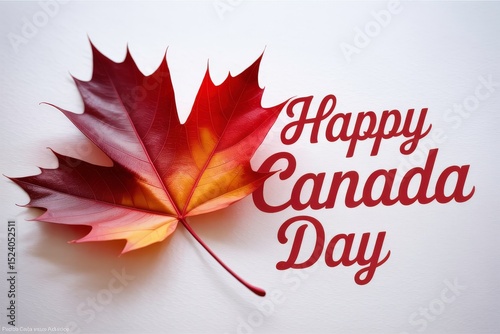 Happy Canada Day symbolic maple leaf on a white wood table with copy space and sample text.