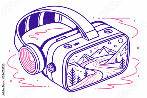Virtual reality headset displaying a mountain road landscape, isolated on white background silhouette vector
