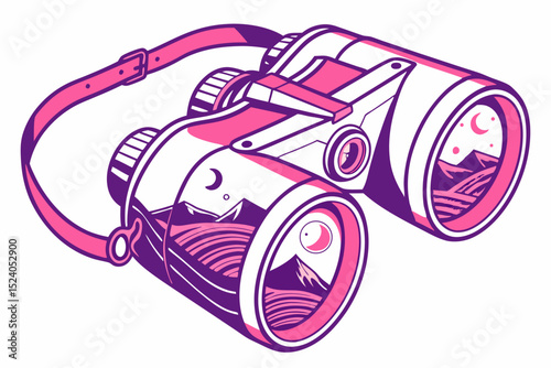 Pink and purple binoculars reflecting a mountain landscape with a crescent moon, isolated on white background silhouette vector