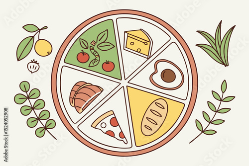 Balanced plate with vegetables, protein, and grains isolated on white background silhouette vector