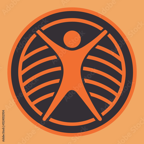 Orange figure with outstretched arms inside a dark circle with lines, silhouette vector