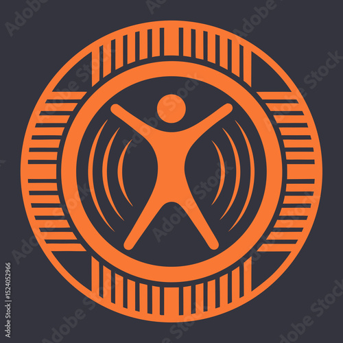 Orange figure with arms outstretched, radiating energy within a segmented circle, silhouette vector