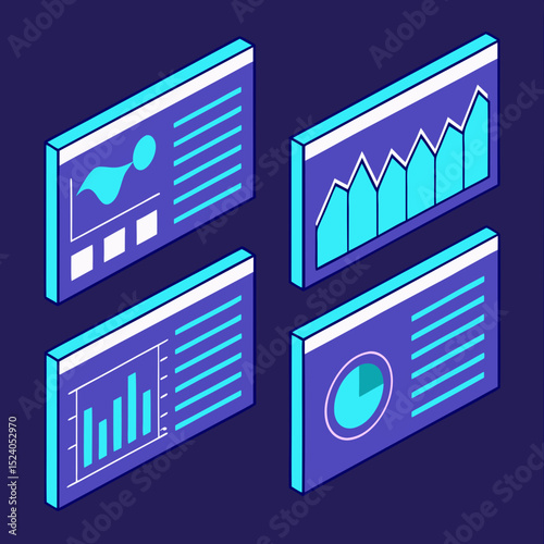 Isometric data dashboards displaying various charts and graphs on a dark blue background, silhouette vector