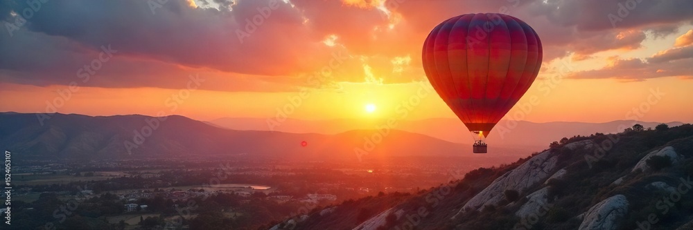 Fototapeta premium A vibrant hot air balloon gracefully floats against a breathtaking sunset, casting long shadows on the landscape below Perfect for travel, adventure, and freedom themes , balloon, peaceful, escape
