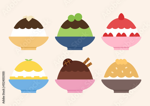 Korean summer dessert Bingsu illustration set. Flat vector isolated shaved ice dessert clip art. 