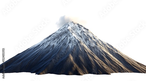 Majestic Snow-Capped Volcano with Smoke Plume, on White Background