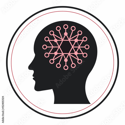 Black head silhouette with pink network inside, isolated on white background silhouette vector