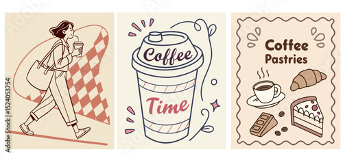 Set of naive style vector illustrations featuring coffee culture with a woman, coffee cup, and pastries