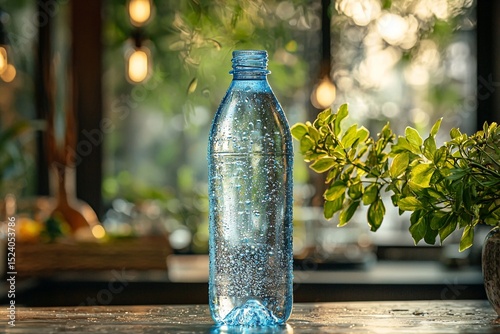 high-quality photograph, transparent blue water bottle with droplets, refreshing summer drink concept. Generative AI