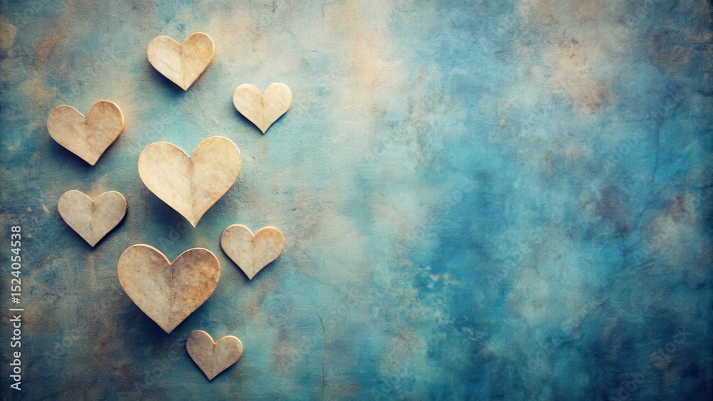 Obraz premium Vintage style paper hearts on blue heritage background with subtle texture and soft focus effect , love letters, romantic atmosphere
