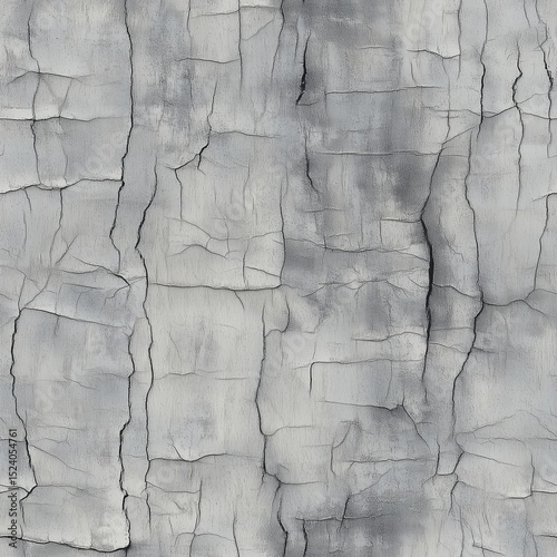 A high-resolution seamless texture of a severely cracked and peeling grey wall surface, showcasing extensive damage and a weathered appearance. Perfect for grunge, urban, or distressed design projects