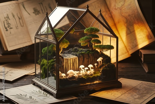 Enchanting Miniature Forest Terrarium Illuminated Within a Glass Enclosure photo
