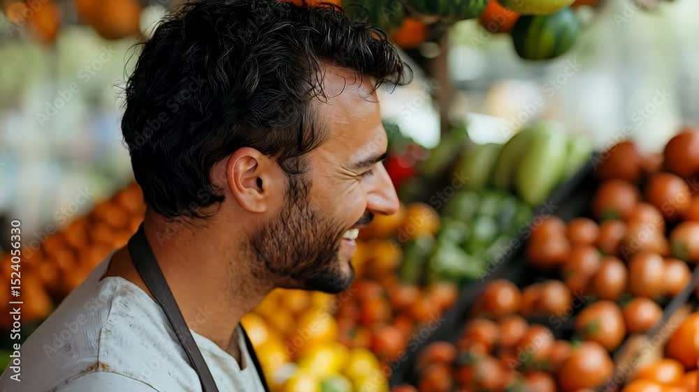 A smiling vendor at a farmer s market stand offering fresh produce